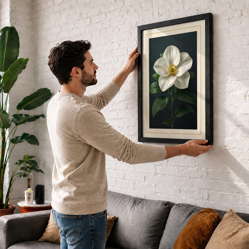 White Camellia Study Botanical - Framed Print, A1 - 84.1 x 59.4 cm, Walnut