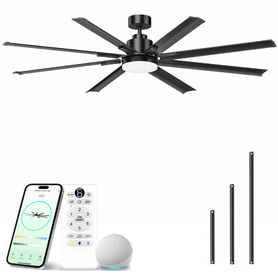 Ventilateur de plafond 84 pouces à 8 pales en aluminium avec lumière, CFM élevé, 3CCT, moteur réversible, télécommande, application et commande vocale
