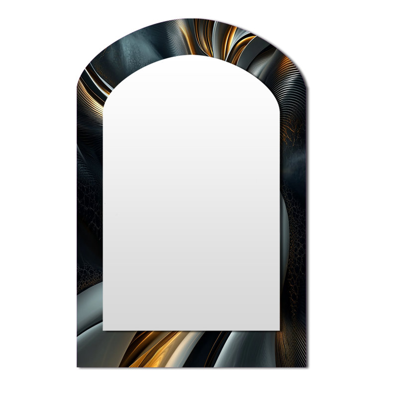 Swirl Abstract In Gold And Black Tones II - Abstract Painting Arch Decorative Mirror, Modern Asymmetrical Large Wall Mirror, Printed Metal Art