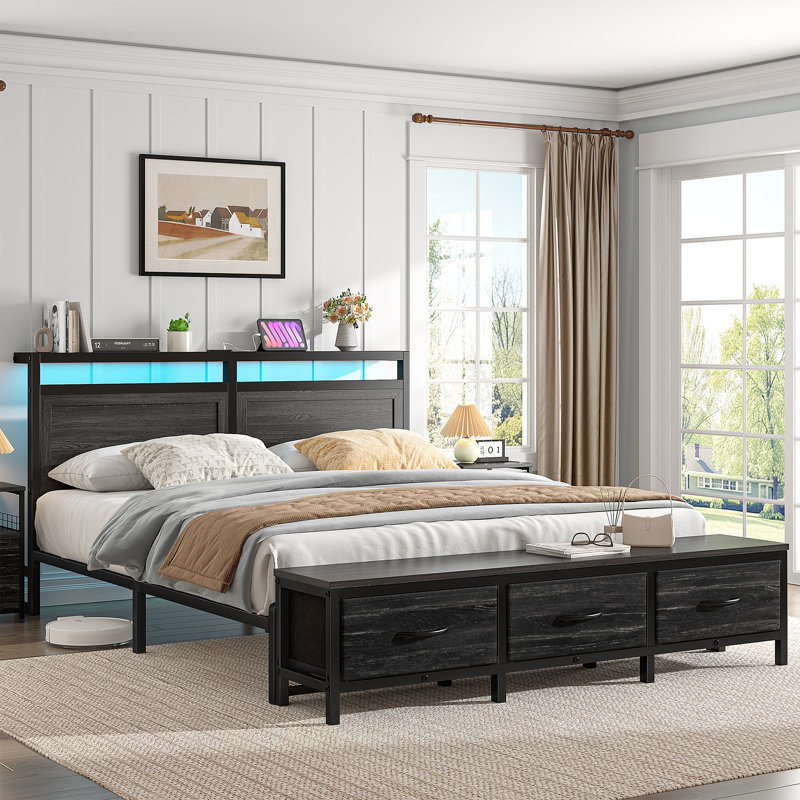 Farmhouse Bed Frame With 3 Storage Drawers Bench, Led Lights And Charging Station, Full / Double, Gray