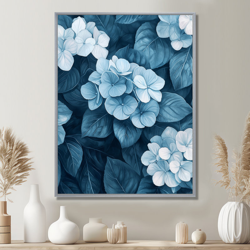 Monogramme d'hydrangées monochromes - art mural hortensias, Argent argent, Reproduction avec cadre flottant