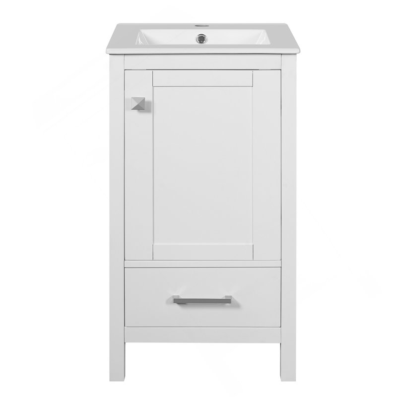 Meuble-lavabo moderne de 18 pouces avec lavabo en céramique, tiroirs à fermeture en douceur et organisateur de porte, tiroir de séparation et patins réglables en plastique - solution de rangement compacte pour les espaces étroits