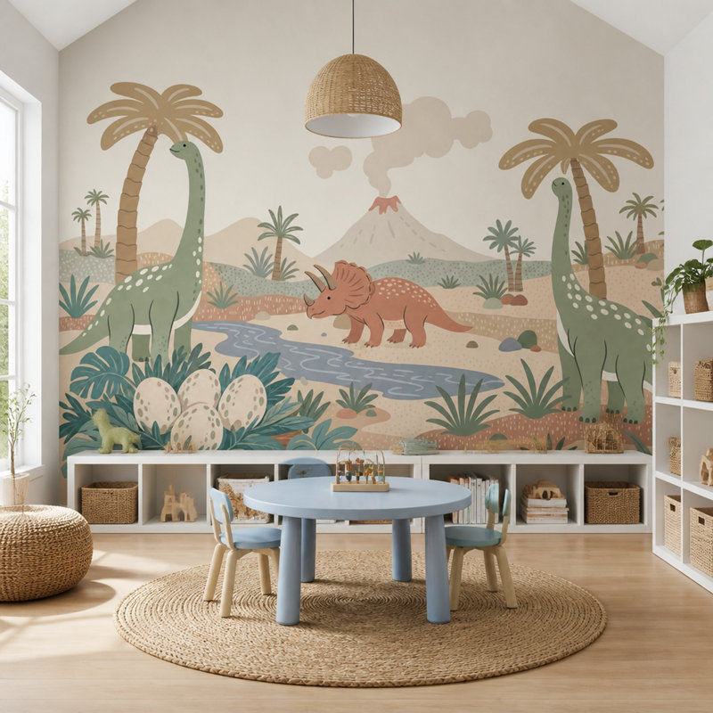 Papier peint paysage de dinosaure, scène préhistorique, vallée tropicale, 200 po x 120 po, Textured Non-Pasted