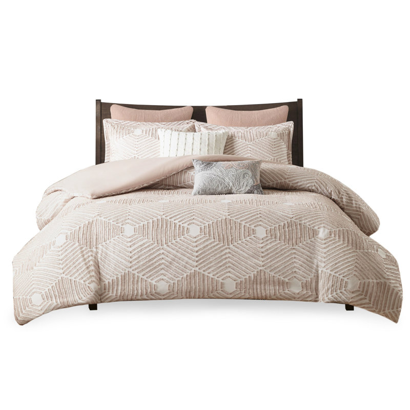 Housse de couette pour lit double / grand en coton rosé, géométrique, 2 taies décoratives pour grand lit, motif géométrique