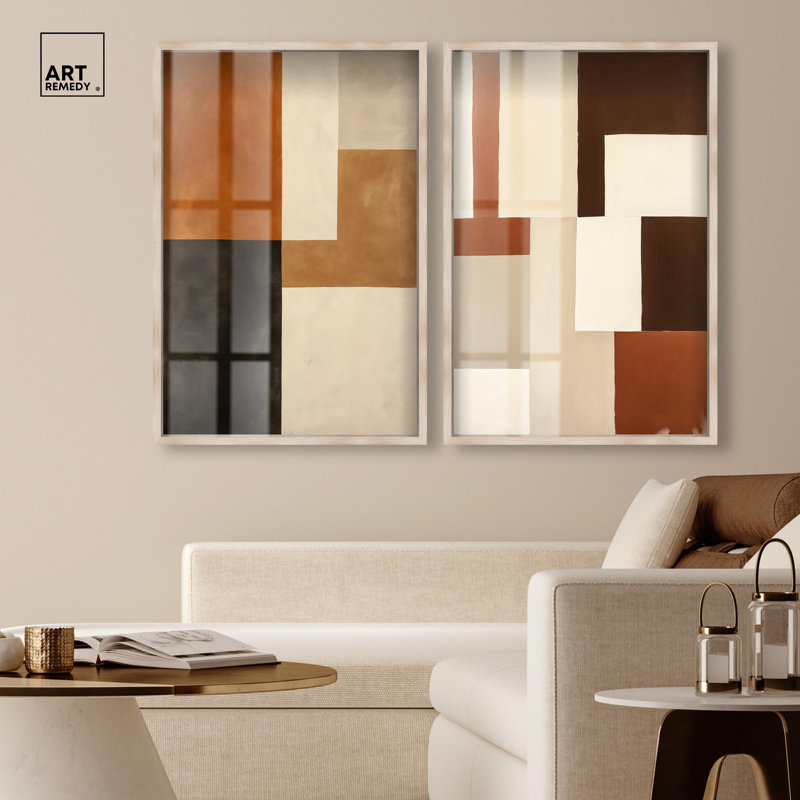 Tonal Grid Duo Shadowbox Print Boho Gold Wall Decor Set by Art Remedy, Blonde Frame, 36 x 54, H 37 po x l 25 po, Blonde Frame