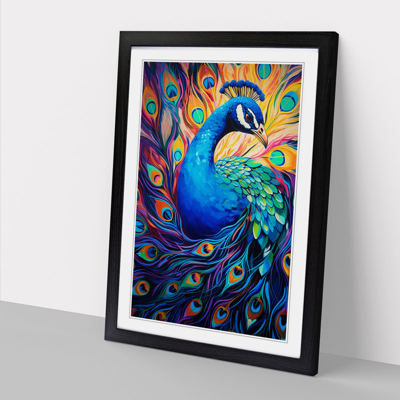 Peacock Expressionism - Single Picture Frame Print on Wood, Black Framed, 64cm H x 46cm W x 2cm D
