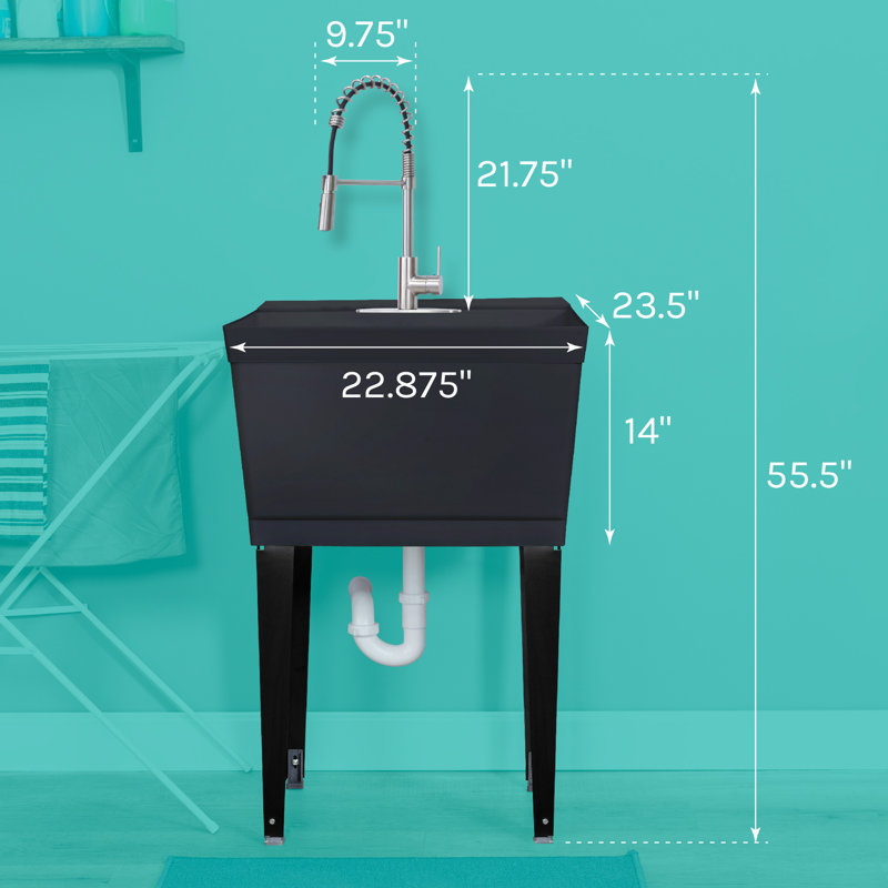 22.875 In. X 23.5 In. 19 Gallon Thermoplastic Utility Sink Set With High-Arc Coil Pull-Down Faucet, Black, Black
