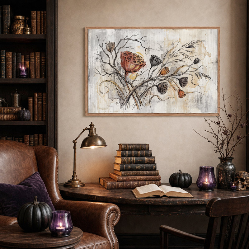 Aquarelle sur toile, cosses de lotus séchées, H 36 po x l 48 po