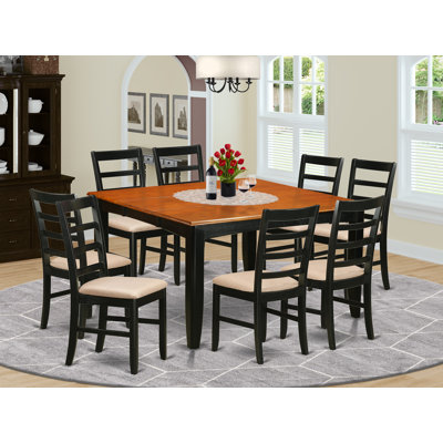 Ensemble de salle à manger 9 pièces comprenant une table carrée avec rallonge papillon et 8 chaises de salle à manger en lin, 137 x 137 cm, noir et cerisier