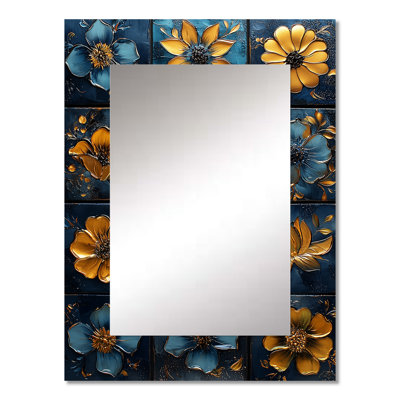 Blue Rajasthan Royalty Poppies Tiles I - Poppies Decorative Mirror, Traditional Large Wall Mirror, Printed Metal Art