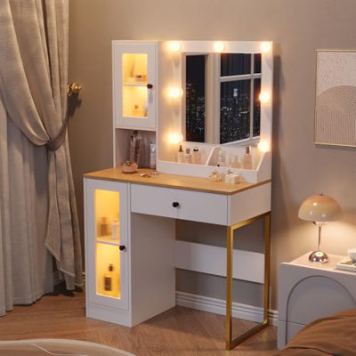 Makeup Vanity Desk with Mirror & Adjustable LED Lights, Modern Vanity Table with Open Shelves & Acrylic-Door Cabinets