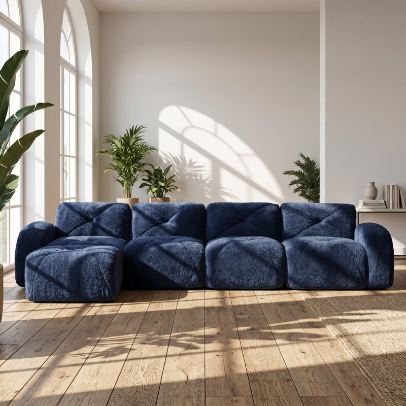 Everette 110" W x 43" D x 33" H Tufted Velvet Modular Sectional Sofa with Movable Ottoman, 29.9" H x 140.9" W x 67.3" D, Navy