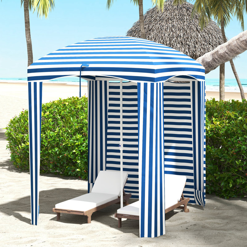 Parasol 5,8 pi x 5,8 pi avec murs, évents, volants, sac de transport, parasol de plage, rayures bleues et blanches