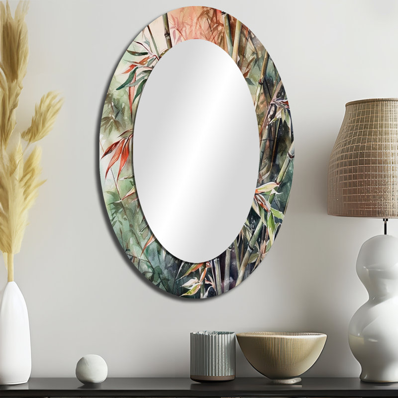 Green Floral Bamboo Bliss VI - Miroir décoratif floral ovale sur métal, 36 po x 24 po