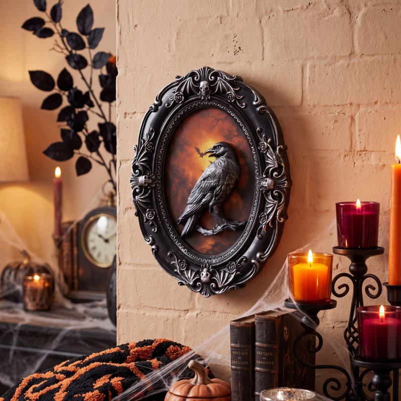 Plaque murale 3D gothique en résine, représentant un corbeau, avec un motif sculpté en relief. Décoration murale suspendue, style vintage sombre, idéale pour une fête d'Halloween ou comme cadeau.