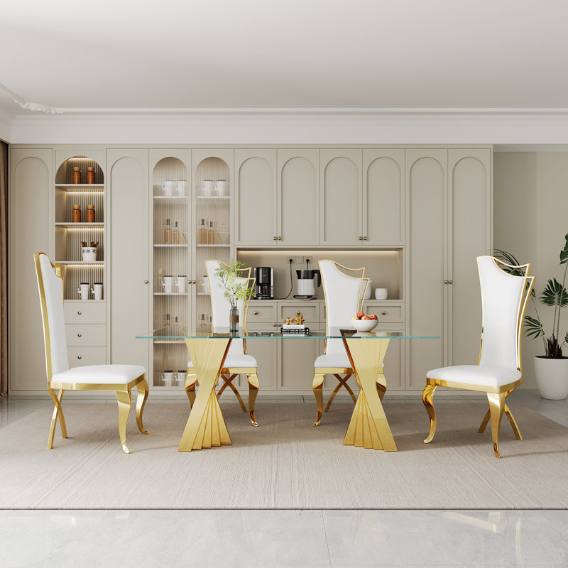 Ensemble repas, Doré, Blanc / Doré, 5 pièces: table, 4 chaises