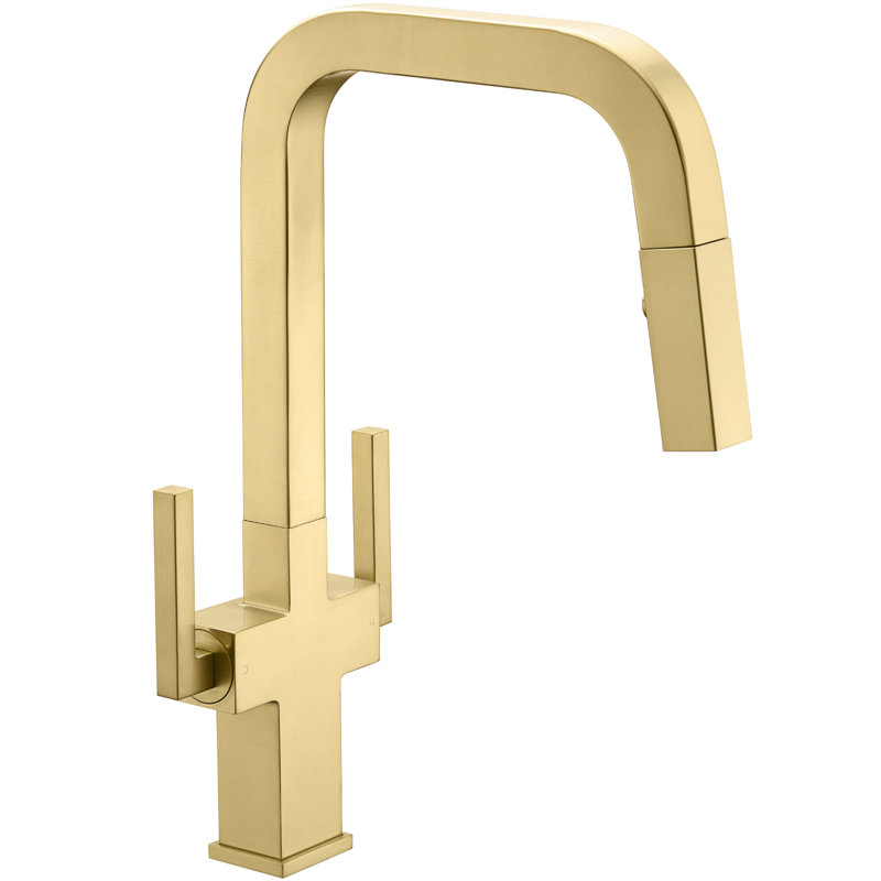 Pull Down Double Handle Kitchen Faucet, Gold