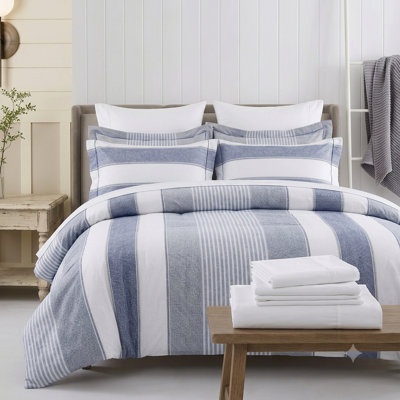 Wilhelm Blue Striped Oversized Natural Cotton 7 Pcs Comforter Set King