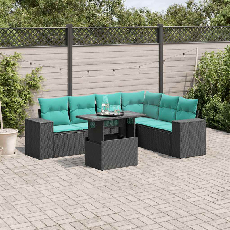Ensemble de canapé de patio 7 pièces avec coussins en rotin de polyester, Bleu clair, Noir
