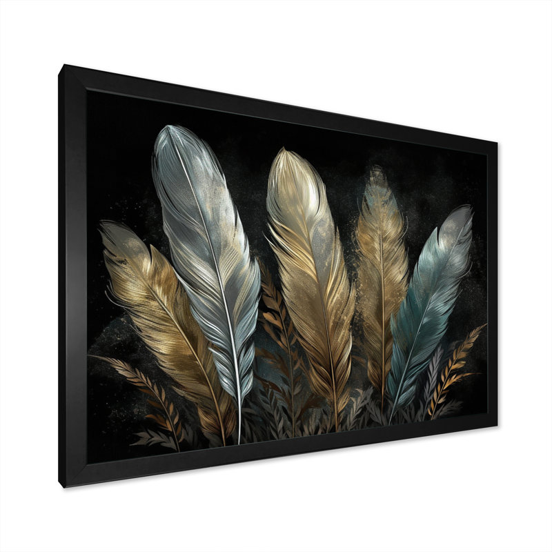 «Roslie Gold Gilded Feathers II», reproduction sur toile, Cadre simple noir, H 12 po x l 20 po x P 1 po