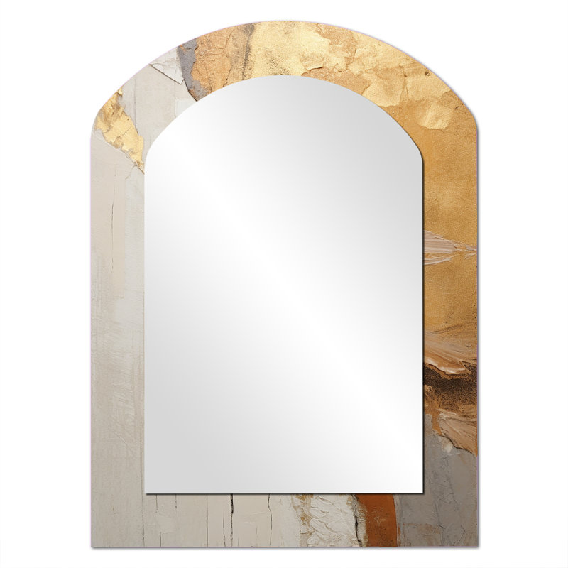 Abstrait abstrait beige doré, collage de route V - miroir décoratif asymétrique à collages abstraits, miroir mural arqué moderne, impression d'art en métal