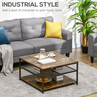Sevon Industrial Coffee Table, Cocktail Table W/ Storage Shelves, Rustic Brown