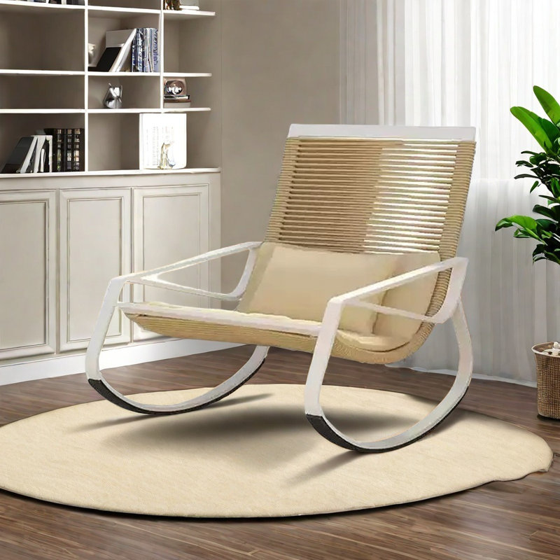 Chaise berçante tissée confortable et élégante, Marron clair, Blanc