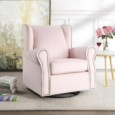 Chaise pivotante rose, revêtement en tissu, base en bois massif et en composite, assise en mousse à haute densité à ressorts ensachés, coussin amovible, siège pivotant à 360 degrés, garniture cloutée, siège rembourré de 20 po