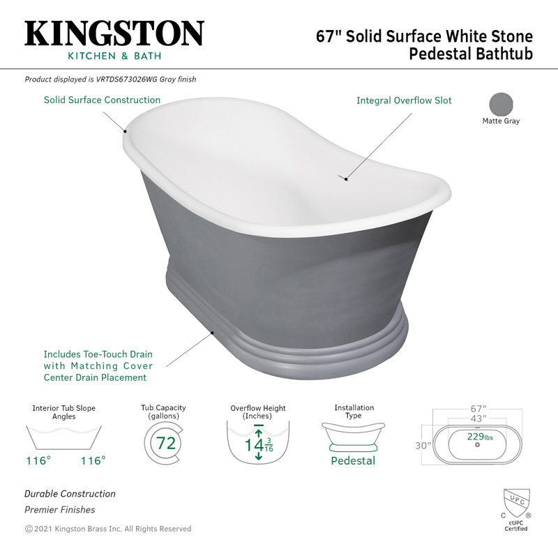 Kingston Brass Arcticstone 67-Inch Solid Surface Oval Double Slipper Pedestal Tub with Drain (No Faucet Drillings), Gray