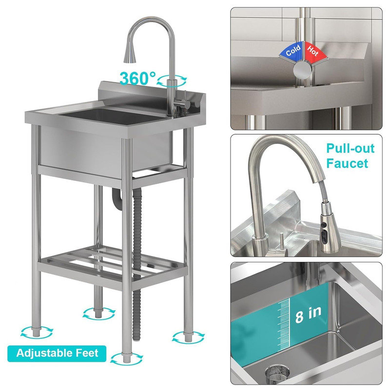 Utility Sink, Free Standing Single Bowl Sink With Faucet & Cold/Hot Water Pipe, Stainless Steel Sink for Laundry Room Kitchen Bathroom Garage Garden Backyard, Indoor and Outdoor Sink