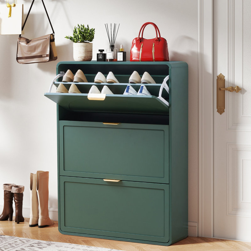 24 Pair Shoe Storage Cabinet With 3 Flip Drawers, Green