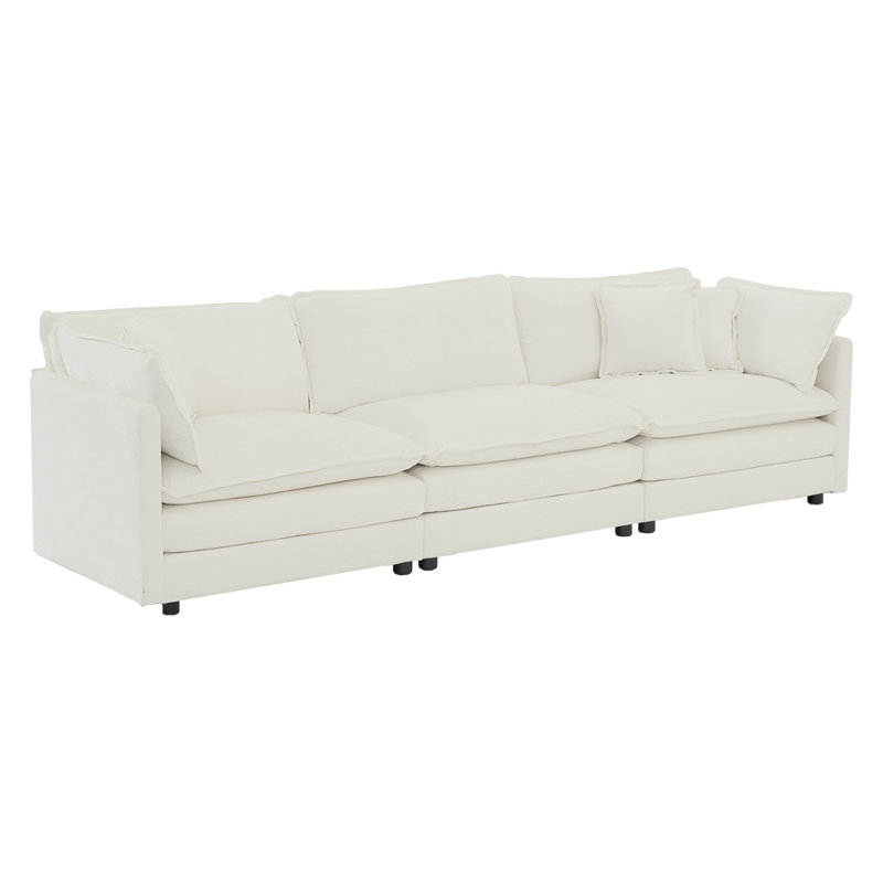Canapé 3 places avec 2 accoudoirs et 3 coussins décoratifs, canapé pour salon Mid-Century, Blanc