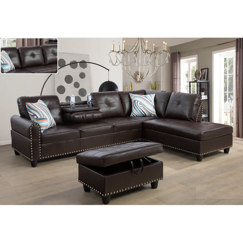 Adebisi Upholstered Sectional, Right Hand Facing, Brown Faux Leather