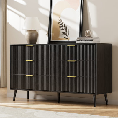 Fluted 6-Drawer Double Dresser For Bedroom, 55.1" Modern Chest Of Drawers With Deep Drawers, Curved Profile Design, Wood Drawer Organizer For Living Room, Hallway, Nursery, Hallway Closet