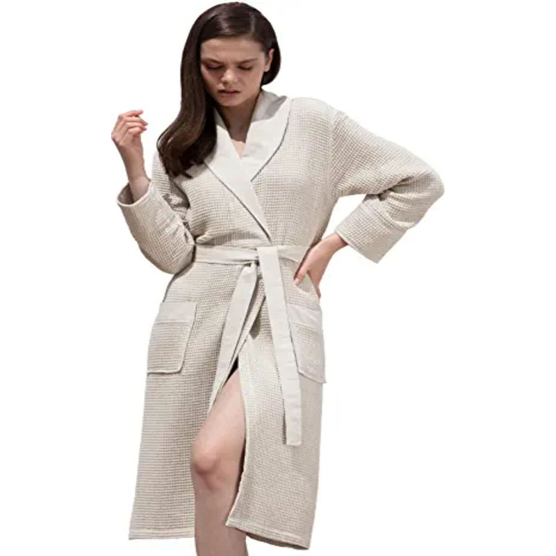 Peignoir mi-mollet en coton avec poches, Beige, XL