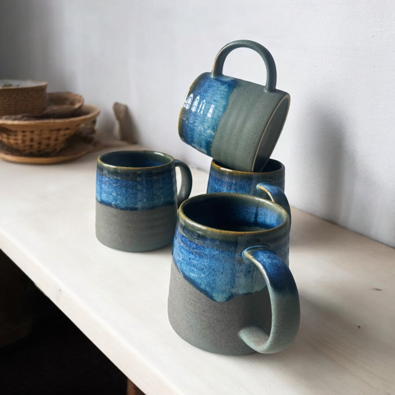 Stoneware Coffee Mug With Blue Reactive Glaze Gijsbert Gift Set of 4, Creme Brulee