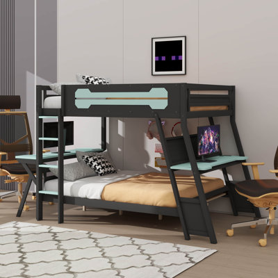 Full Size Gaming Bunk Bed Featuring 2 Integrated Desks, USB Connectivity On Desktop, And Pegboard Storage System