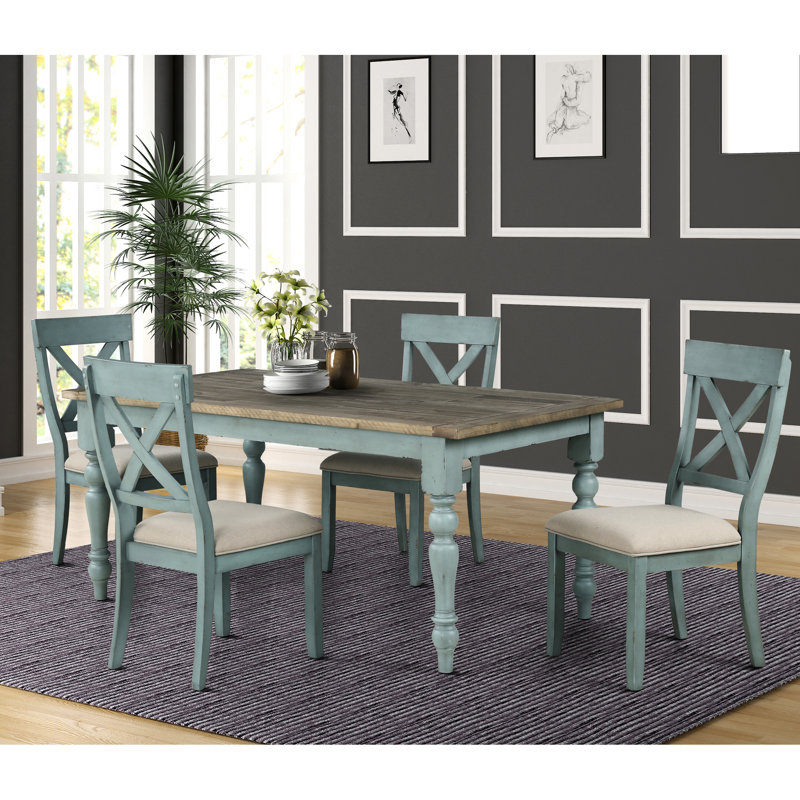 2 chaises rembourrées bleu antique. Hévéa massif, siège en tissu brun clair. Finition thermolaquée. H 38,47 po x l 18,19 po x P 22,86 po, de 2 chaises de 40 po H 20 po x P 25 po