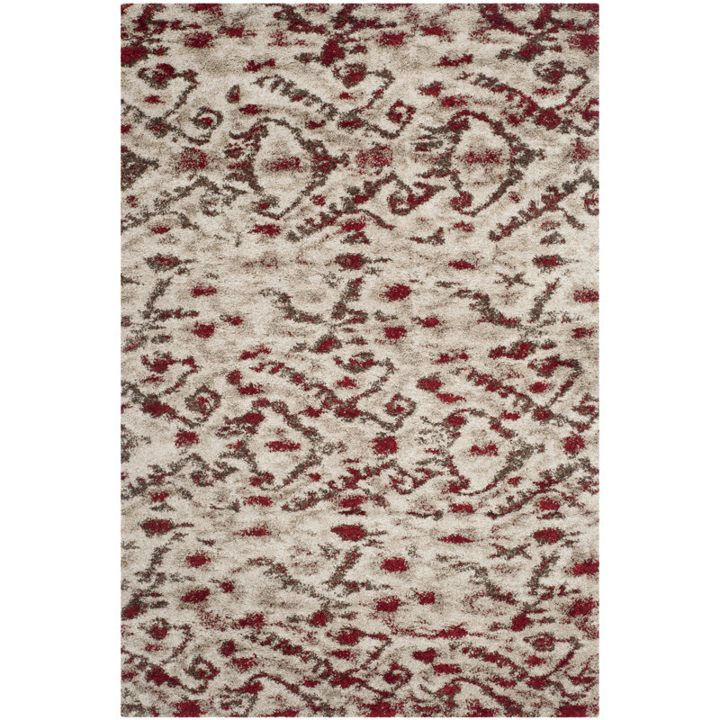 Tapis de zone ivoire/rouge Tibetan Shag, Rectangle 5 pi 1 po x 7 pi 6 po