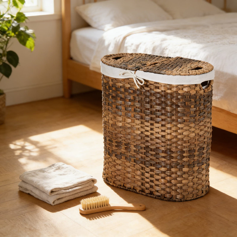 Premium Handwoven Laundry Hamper Basket With Removable Washable Liners, Dual-Compartment Portable Storage Bin For Clothes And Linens