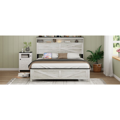 Tête de lit pour grand lit avec lumières DEL et base de lit plateforme avec coussin de charge, grand lit, avec tête de lit et espace de rangement caché, aucun sommier requis, blanc