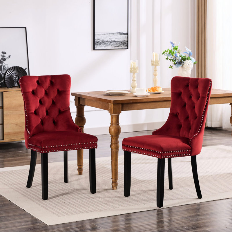 2 pièces de chaises de salle à manger rembourrées en velours, bourgogne. Style élégant, coussin éponge à rebond élevé, base en bois massif Classic 2, siège confortable, pieds