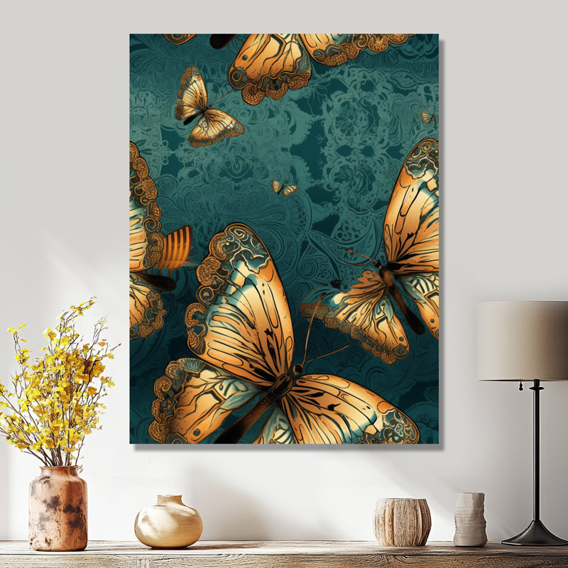 Golden Wings on Turquoise - Butterfly Animal, art mural, Toile tendue, H 20 po x l 12 po x P 1 po