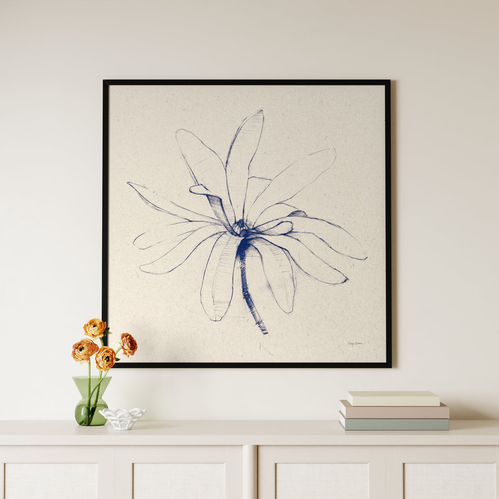 Modern Vintage Floral I Indigo by Everlean - Single Picture Frame Print, Black, 17" H x 17" W x 1" D