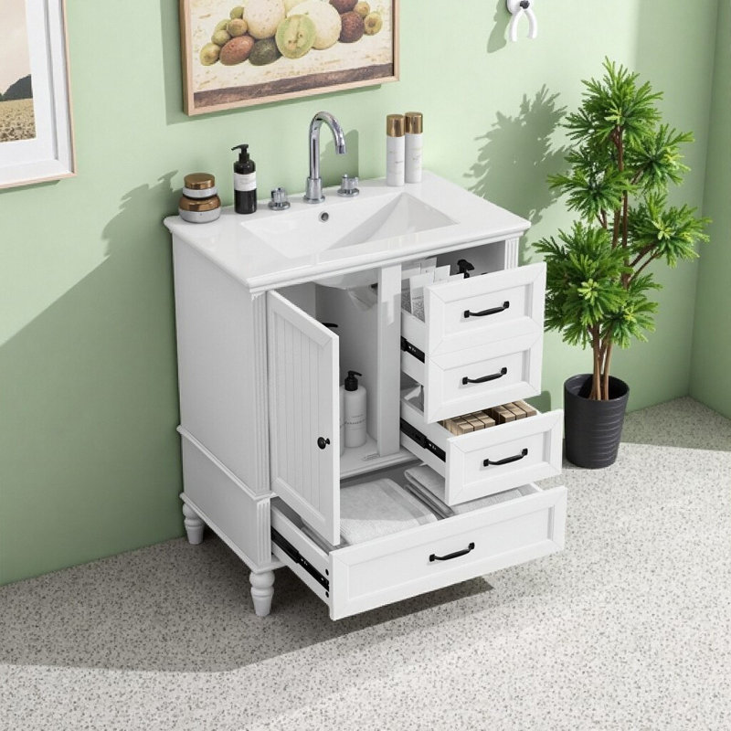 Meuble-lavabo autoportant de 30 po avec lavabo en céramique et beaucoup de rangement Retro Charm | Pieds en bois massif de style campagnard, tiroirs à fermeture en douceur et assemblage facile
