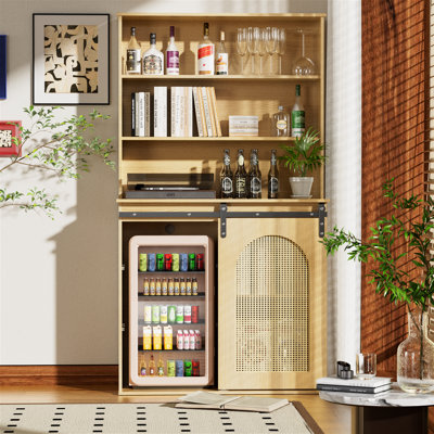 71 In Farmhouse Tall Pantry Cabinet With Sliding Rattan Door by August Grove
