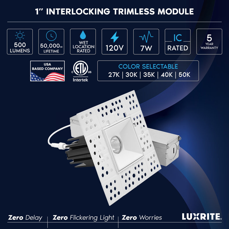 Projecteur encastré sans cadre 1 pouce DEL avec boîte J-Box, Twist N 'Lock et emboîtement LUXRITE, 5CCT, 7W, 500LM, CRI90, angle de faisceau de 38 °, paquet de 6 à intensité variable