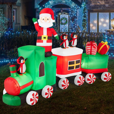8.5 X 5Ft Lighted Inflatable Christmas Train & Animated Santa, Large Outdoor Holiday Decor W/LED Lights, Penguins, Candy Cane Wheels, Gifts