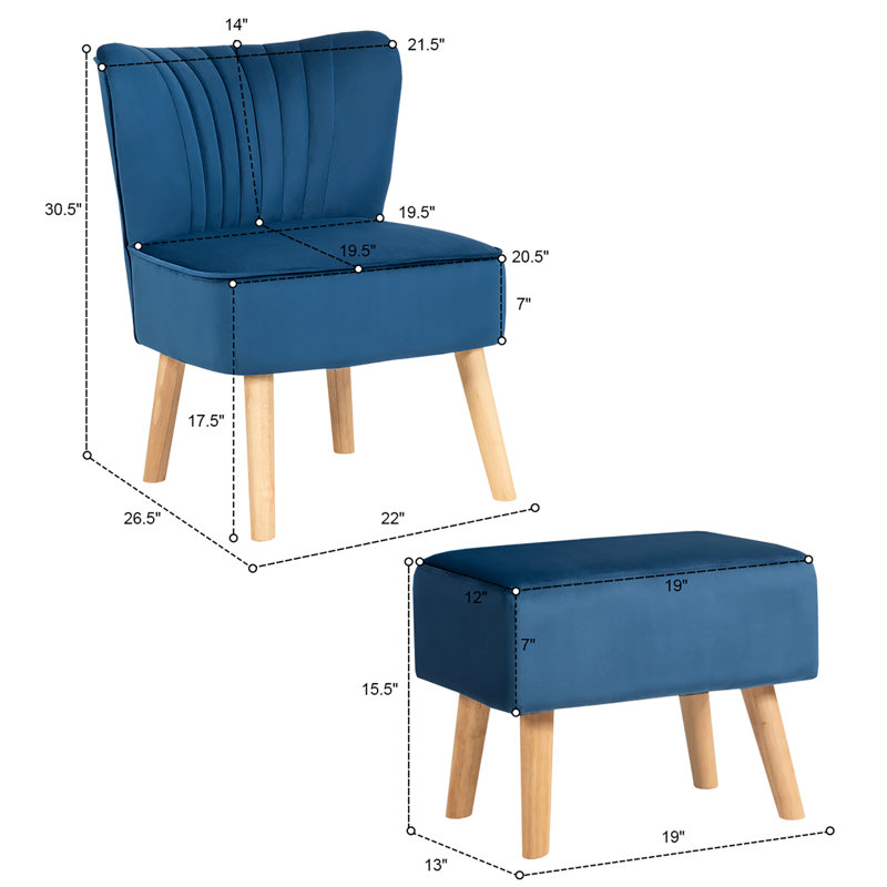 Ferndale Velvet Slipper Chair with Ottoman, Blue