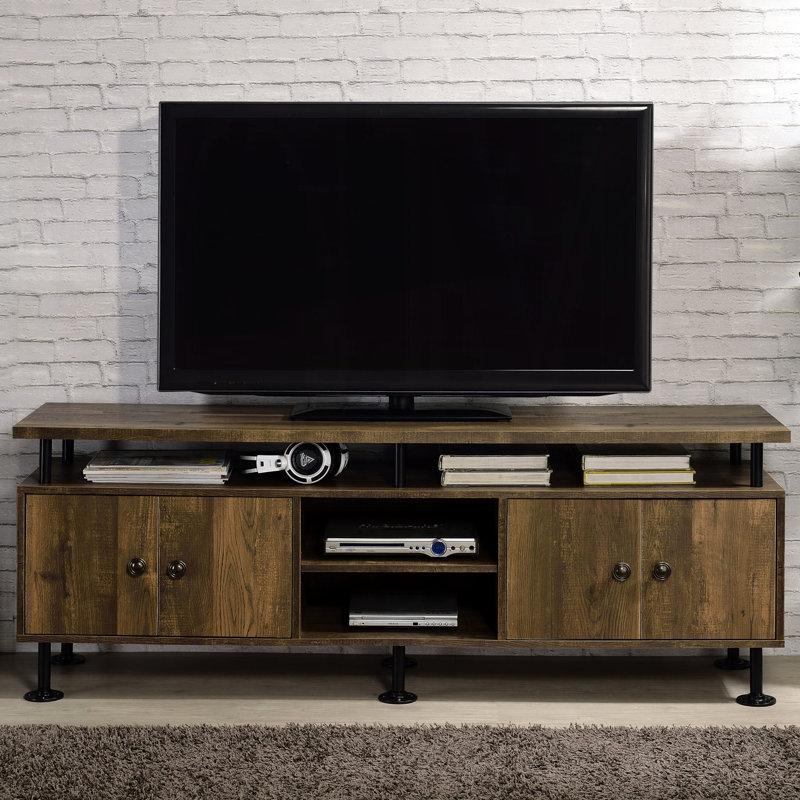 Meuble télé rustique à 2 tablettes avec décorations en métal et rangement pour téléviseur industriel de 60 po en chêne noir